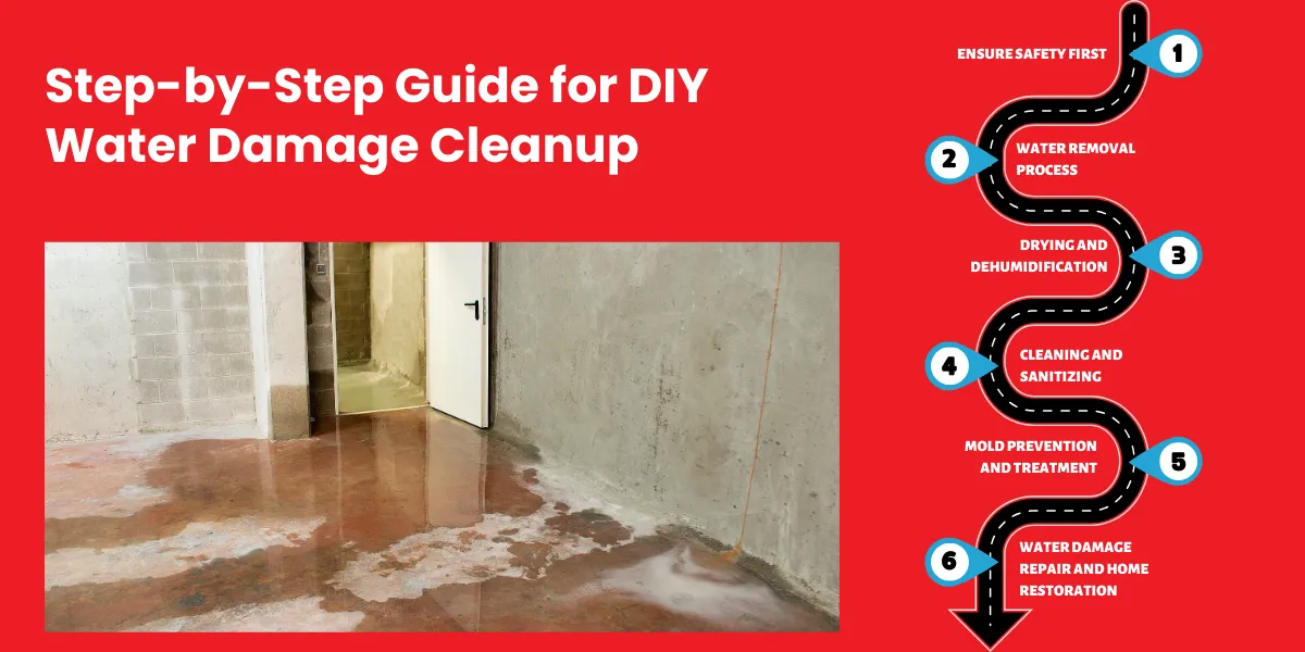 Step-by-step guide for DIY water damage cleanup, including safety, water removal, drying, cleaning, and mold prevention